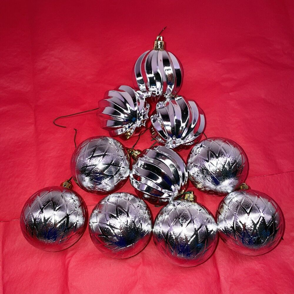 Vintage Christmas Ornaments Plastic Silver Lot 10 Ball Argyle Ribbed 2.5”